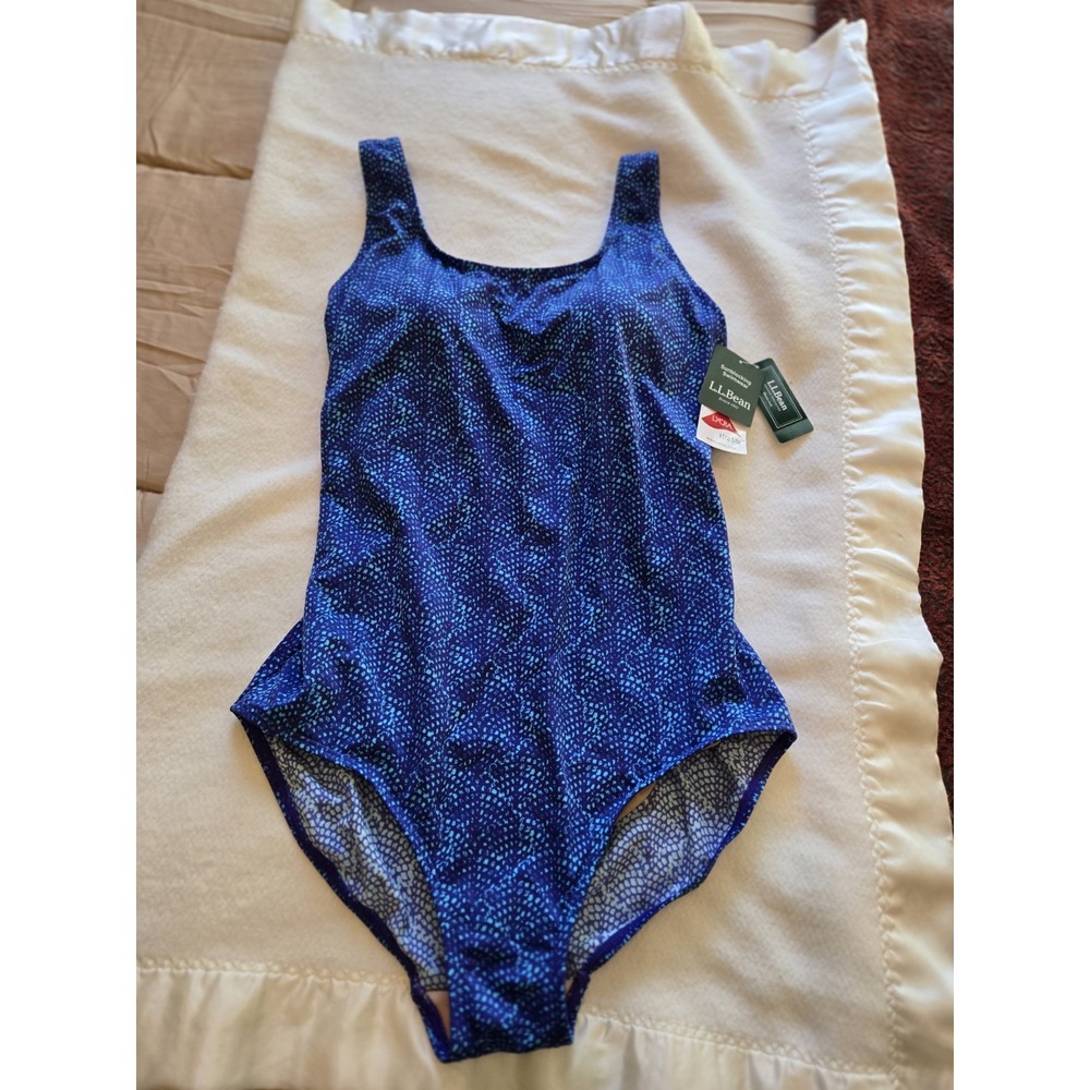 LL Bean Tank Swimsuit One Piece Blue White Print UPF 50+ Padded 14 Long New NWT